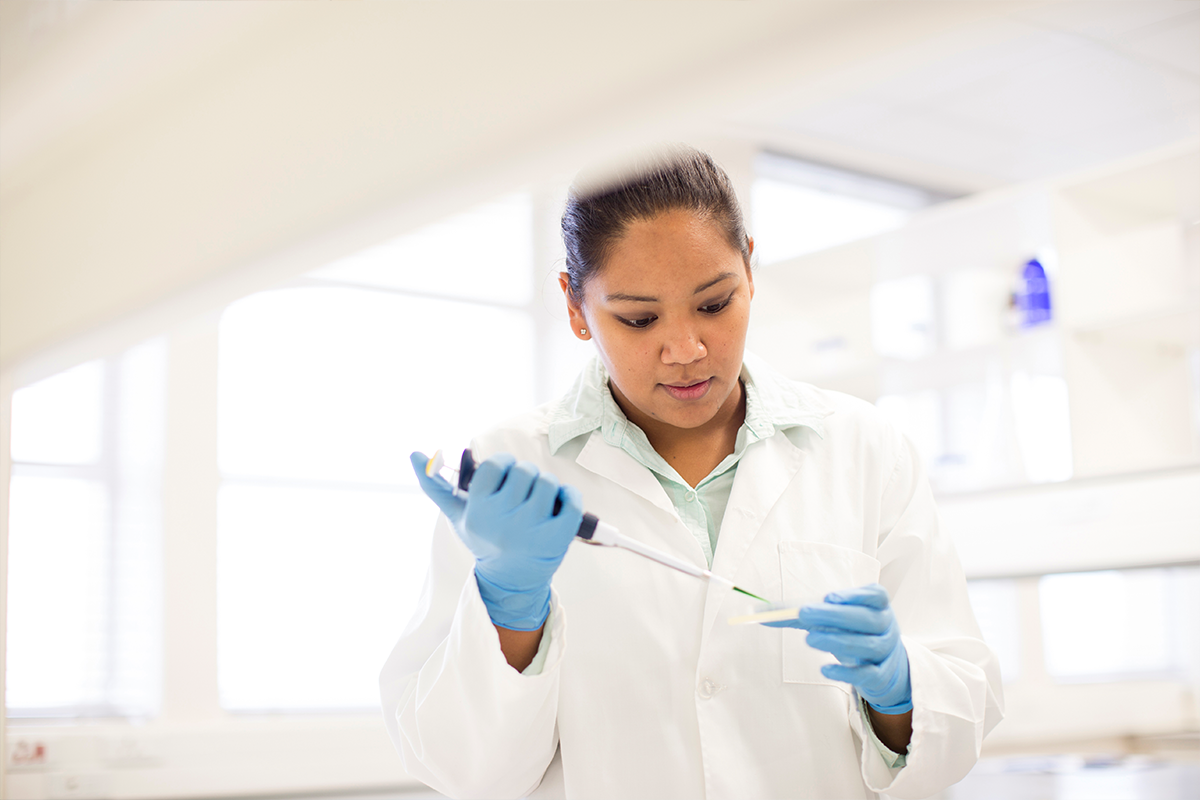 Scientist extracting a sample with a pipette
