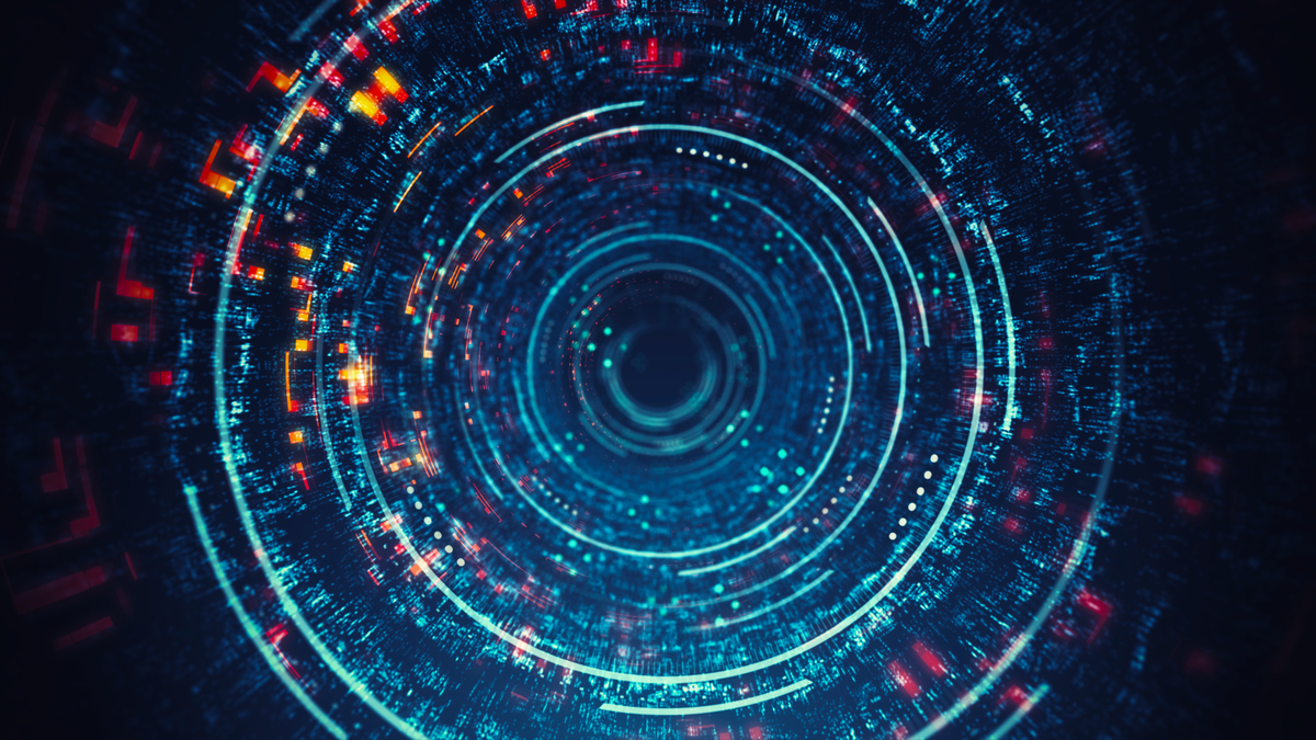 Digital generated image of abstract circular data tunnel visualising speed and technology.
